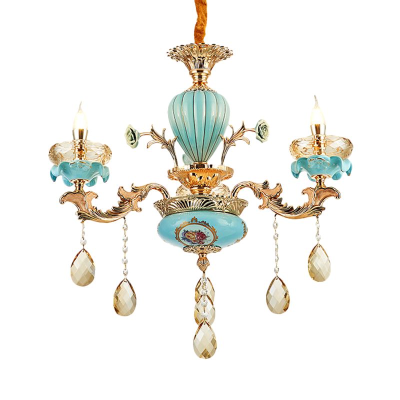3/6 Bulbs Candelabrum Chandelier Moroccan Gold-Blue Ceramic Hanging Lamp with K9 Crystal Drop