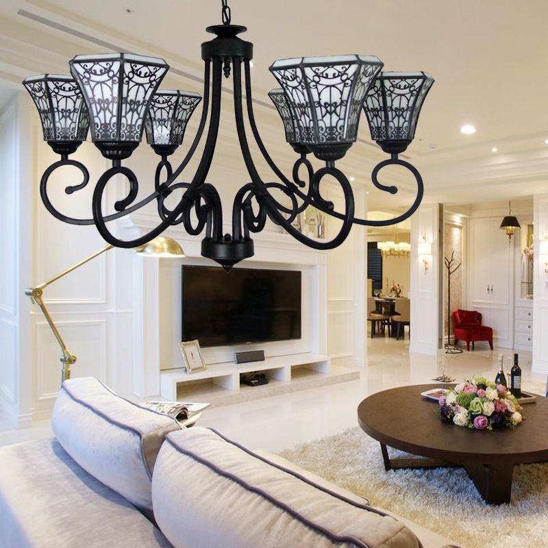 White Glass Bell Pendant Light with Fence Design 6 Lights Lodge Style Chandelier Lamp in Black