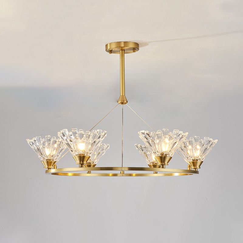 Candelera colgante de sala de estar cónica Cantado transparente tradicional 6 cabezas LED de techo colgante de LED de oro
