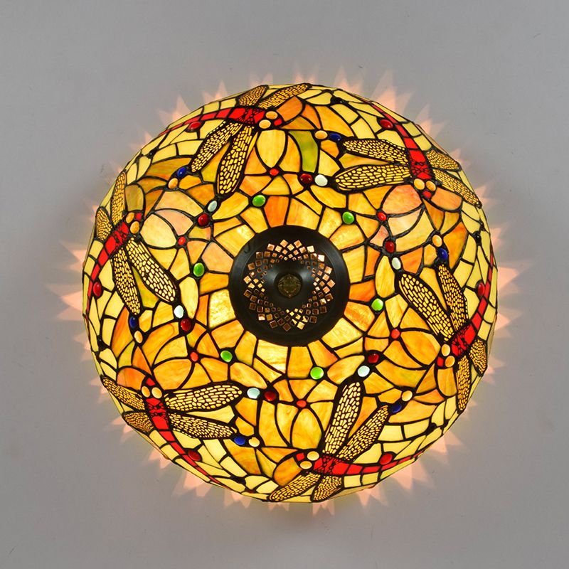 Plafonnier en verre taillé libellule, style Tiffany, 3 têtes, luminaire encastré en Bronze