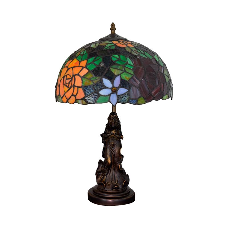Stained Art Glass Red/Orange Night Light Flowering Single Bulb Tiffany-Style Table Lamp with Angel Statue