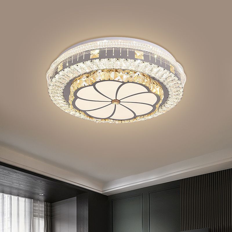 LED Round Flush Mount Contemporary Stainless-Steel Clear Cut Crystal Blocks Ceiling Lamp with Flower Pattern