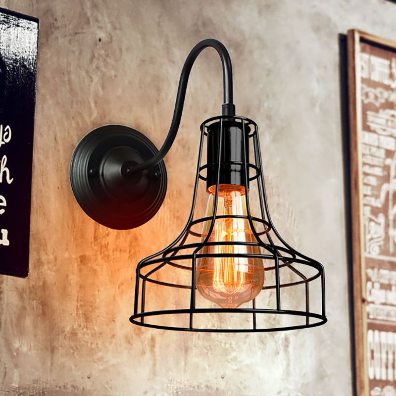 Metal Barn Wall Light Sconce Industrial Style 1 Bulb Black Wall Mounted Lamp with Wire Frame and Gooseneck Arm