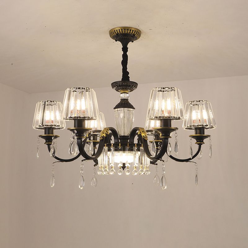 Traditional Cone Down Lighting 6/8 Heads Clear Crystal Glass Chandelier Light Fixture in Black with Droplet