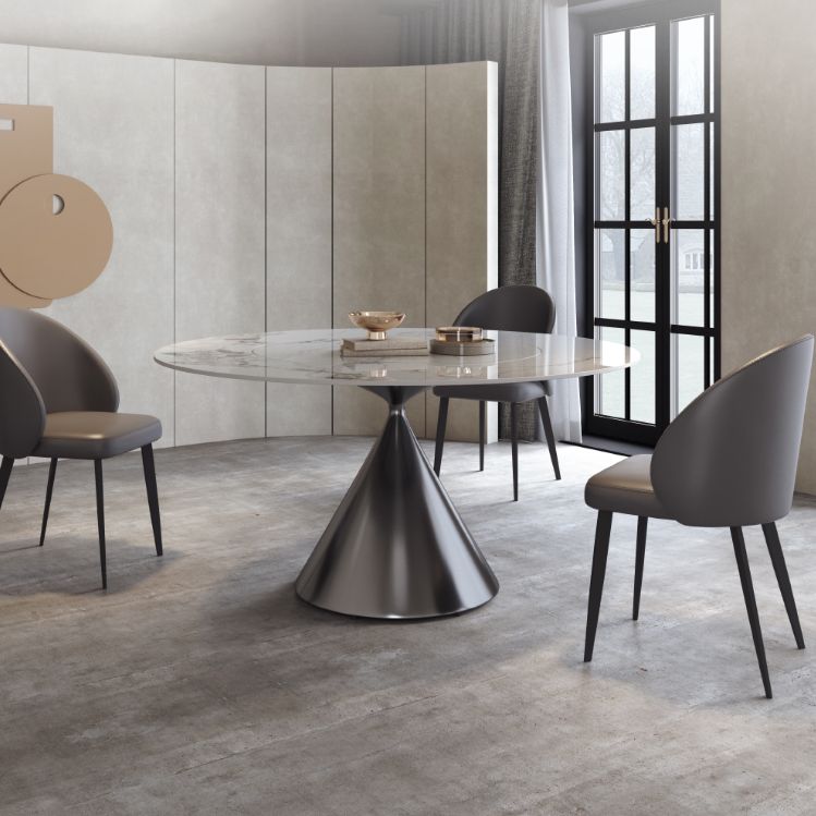 Modern Grey Steel Dinette Set 1/4/5/7 Pieces Round Sintered Stone Top Dining Table Set