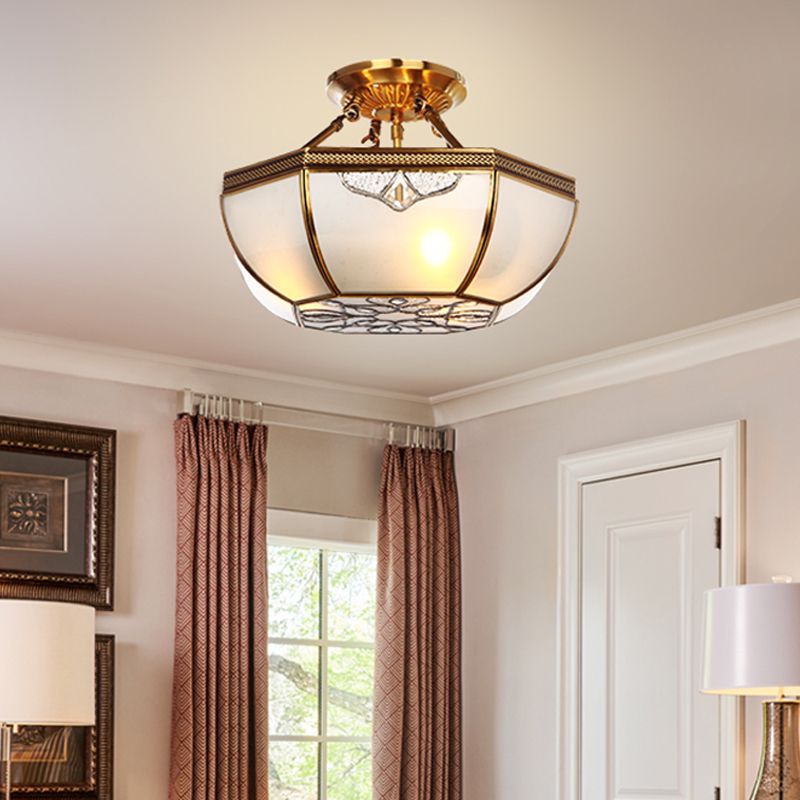 Brass Dome Semi Flush Mount Lamp Traditional Milk Glass 3 Bulbs Ceiling Mounted Light for Living Room