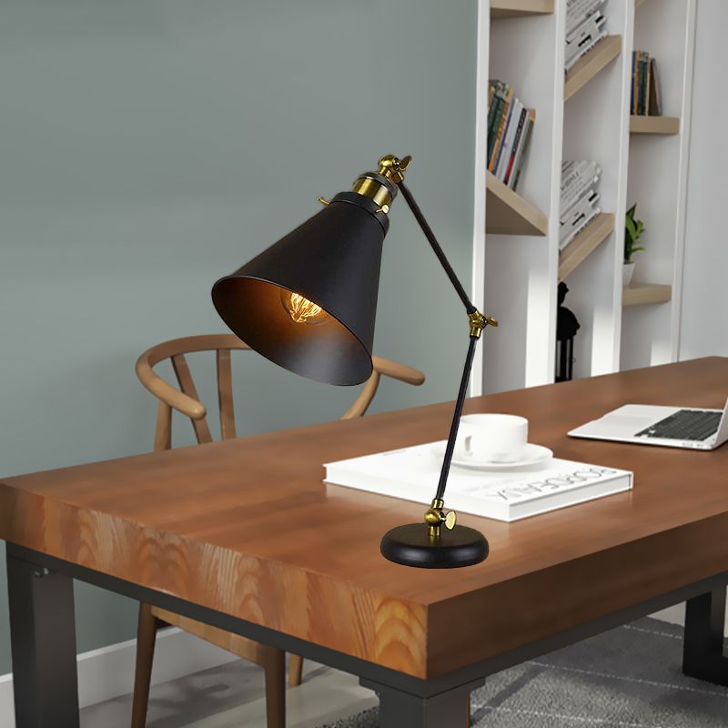 Industrial Stylish Conical Reading Light 1 Light Metallic Flexible Desk Lamp in Black for Study Room
