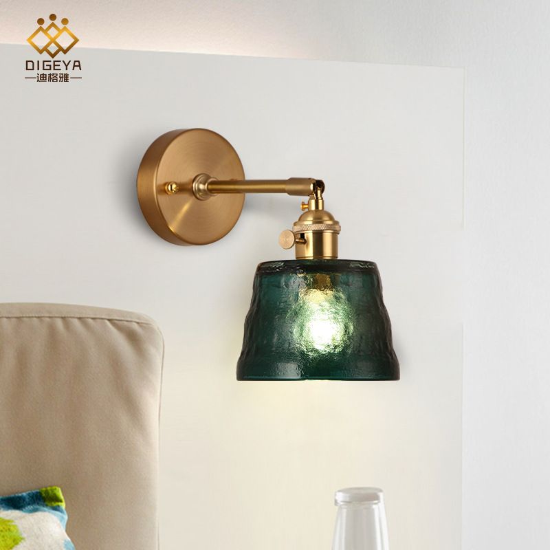 Brass Single Bulb Wall Sconce Antiqued Green Dimpled Glass Conical Adjustable Wall Lighting