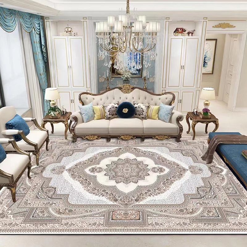 Traditional Medallion Print Rug Polyester Carpet Non-Slip Backing Area Rug for Living Room