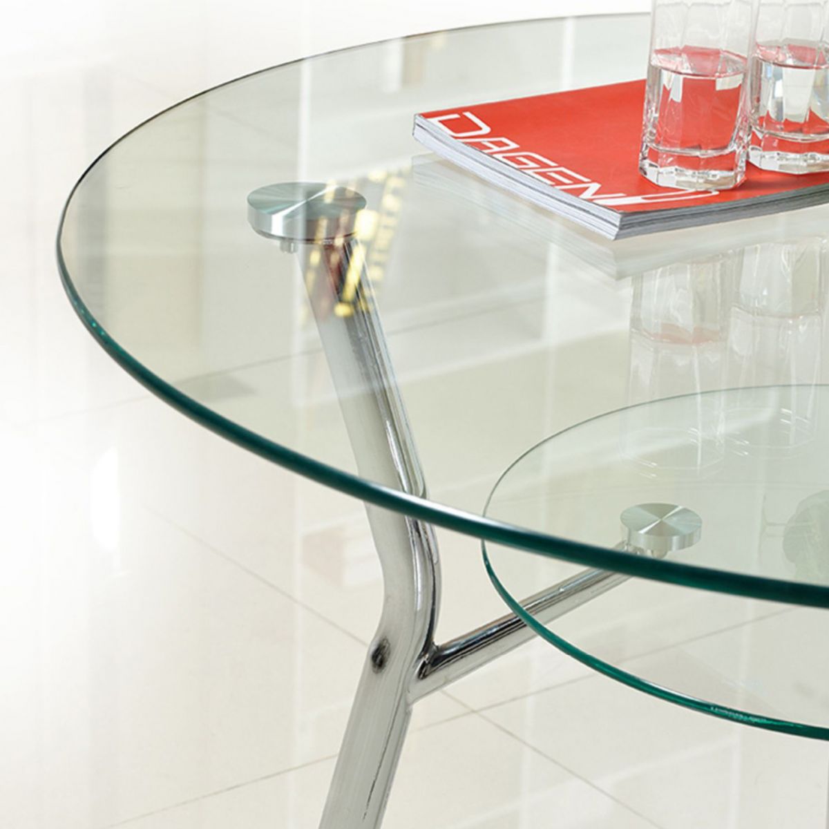 Moderner Glas Küche Küche Esstisch klarer runder Tisch mit Metallbasis für Zuhause