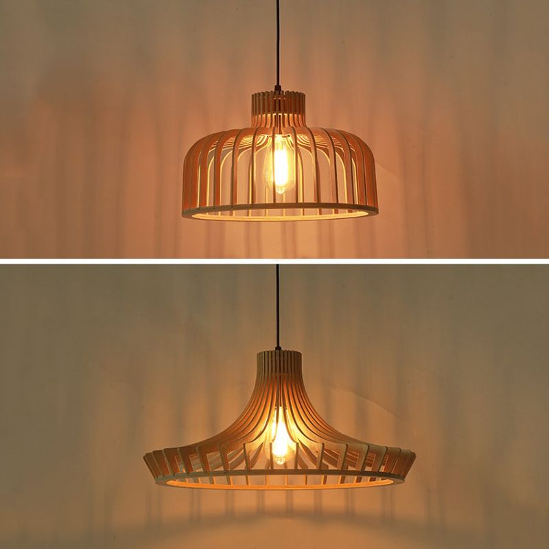 Cage Shaped Wooden Pendant Minimalism 1 Bulb Beige Suspension Lighting for Restaurant