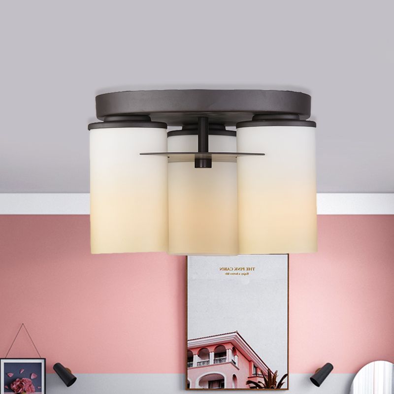 Lámpara de techo de cilindro de campo 3 Bulbos de vidrio blanco Semi Flush Mount Lights para dormitorio