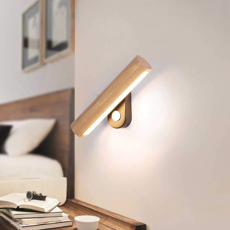 Rotatable Tube Bedside Wall Mount Light Wood 8.5"/12.5" Wide LED Simple Wall Lamp Fixture in Warm/White Light