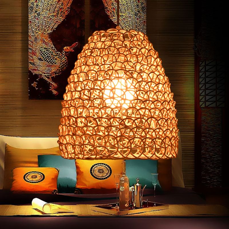 Bamboo Basket/Trumpet Hanging Lamp Contemporary 1 Head Wood Ceiling Pendant Light for Restaurant