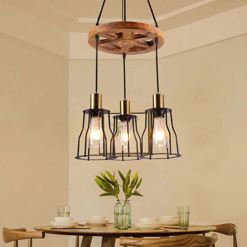 3/6-Light Metal Hanging Chandelier Factory Gold Open Cage Dining Room Pendant Light Fixture with Wood Wheel Shelf Deco