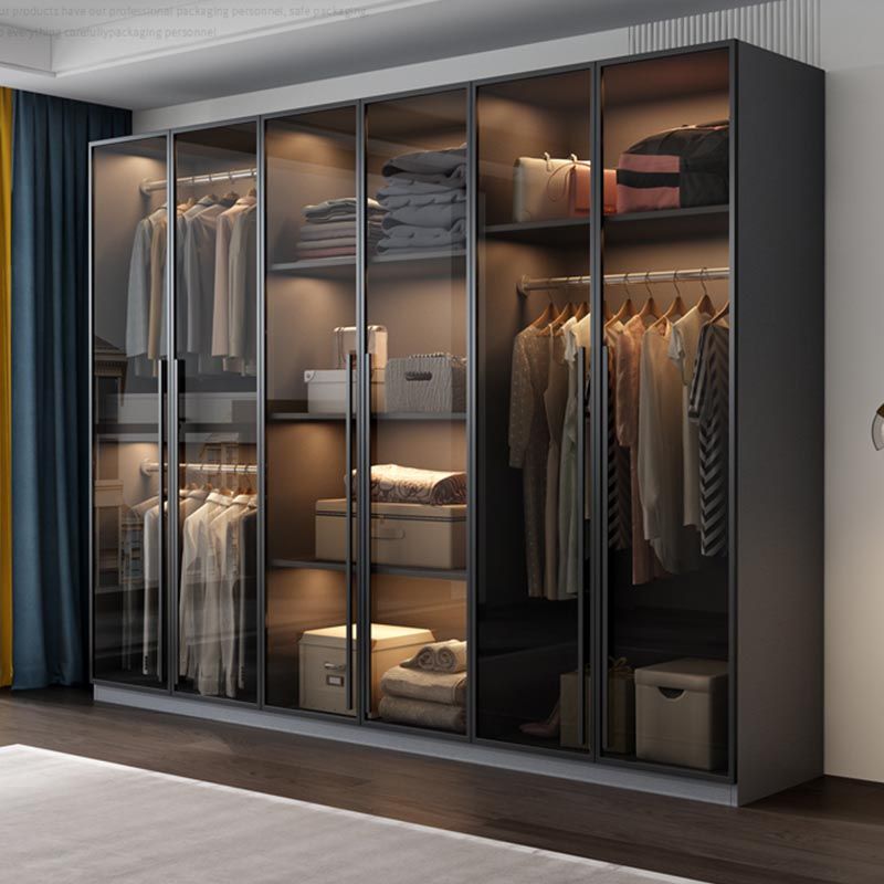 Modern Style Hinged Door Wardrobe for Bedroom Grey Cabinet with Glass Doors