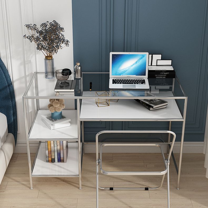 Glass Rectangular Writing Desk Contemporary Style Office Desk with Storage Shelves