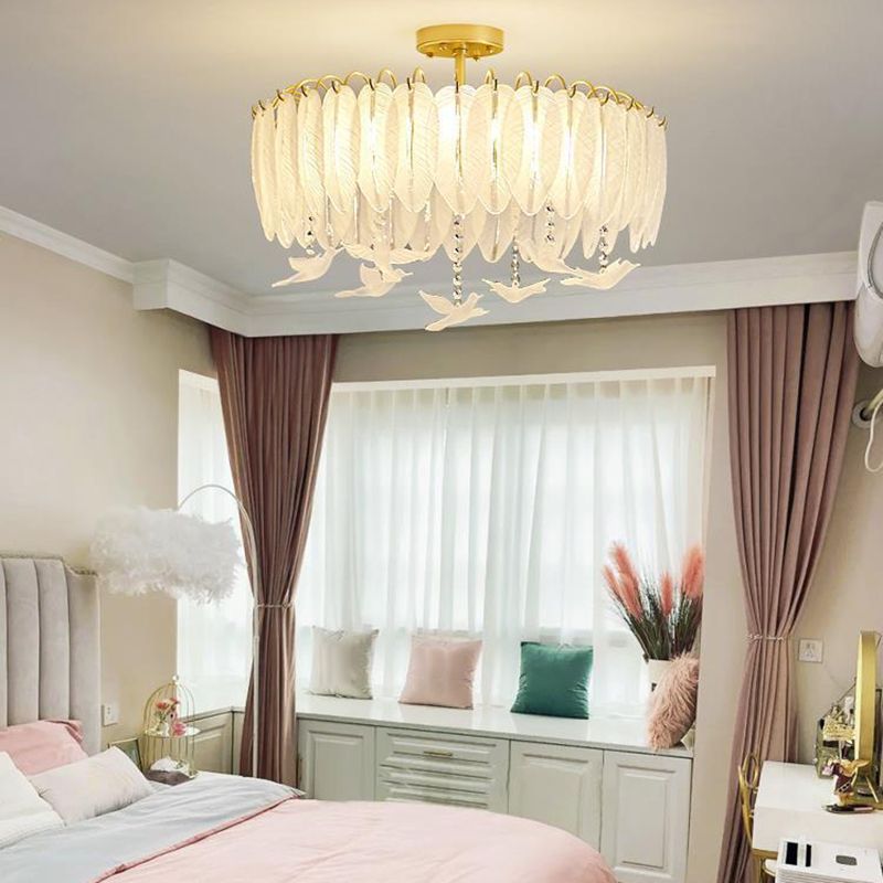 Modern Glass Ceiling Lamp Feather-shaped Flush Mount Light Fixture for Bedroom