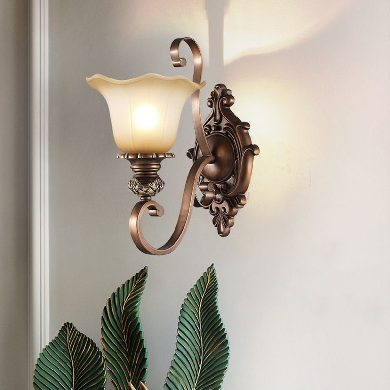 Frosted Glass Floral Shade Wall Light Classic Living Room Wall Lighting Fixture in Brown