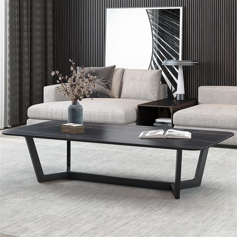 Modern Style Slate Table with Rectangular Black Metal Trestle Type Base Coffee Table