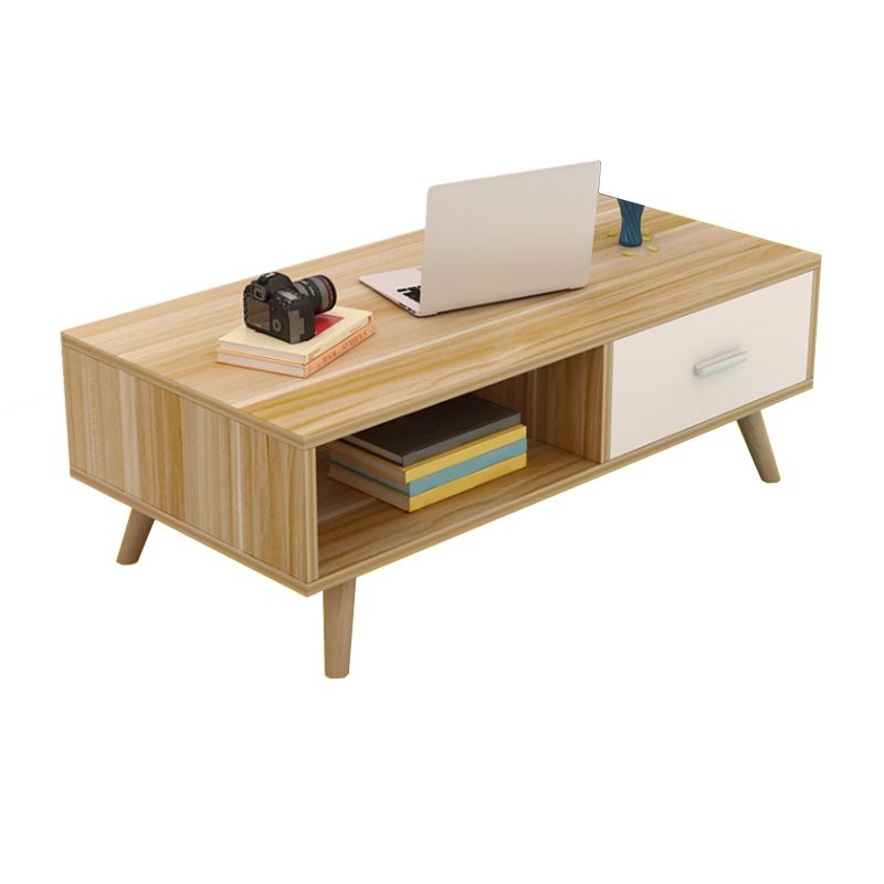 Contemporary Cocktail Table 4 Legs Wood with Drawer Rectangular Single Coffee Table
