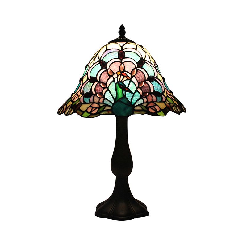 Restaurant Plug In Desk Light Stained Glass 1 Head Tiffany Rustic Reading Light with Peacock Tail/Dragonfly Design in Green