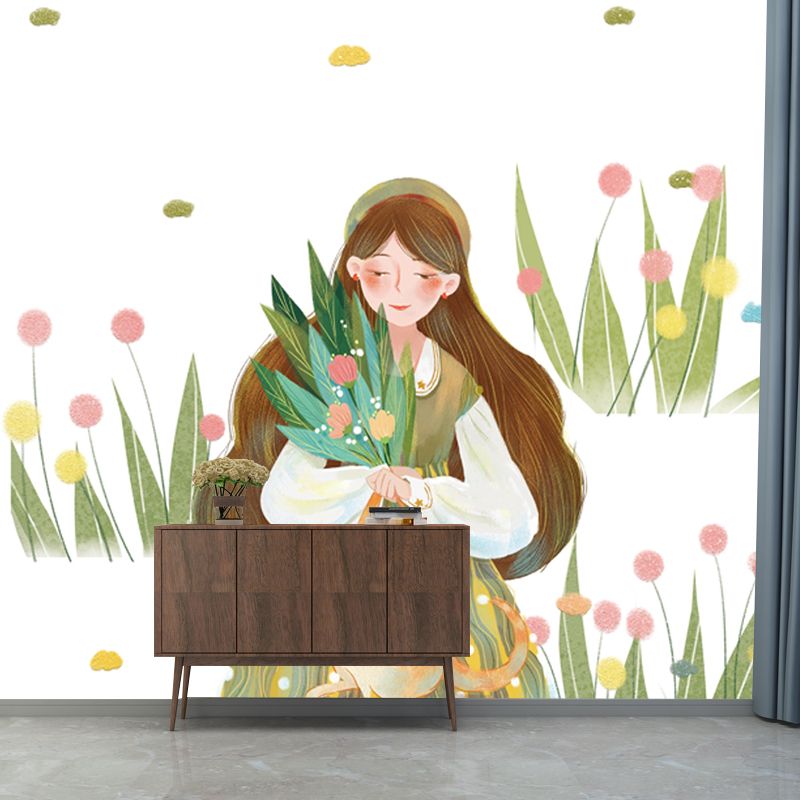 Artistry Girls Outing Wallpaper Mural for Bedroom Custom Wall Decor in Green on White