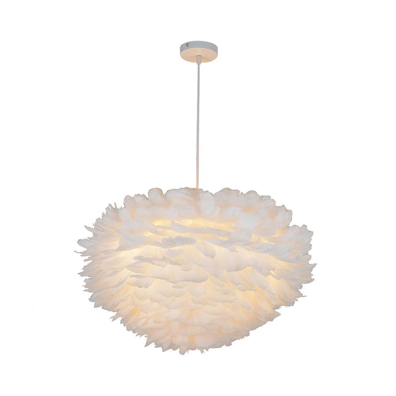 Domed Pendant Light Fixture Simple Feather Single White Ceiling Suspension Lamp for Dining Room, 12"/16" W