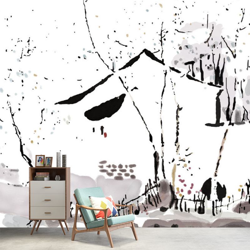 Chinese Ink Painting Farmhouse Mural Black-White Moisture Resistant Wall Art for Bedroom