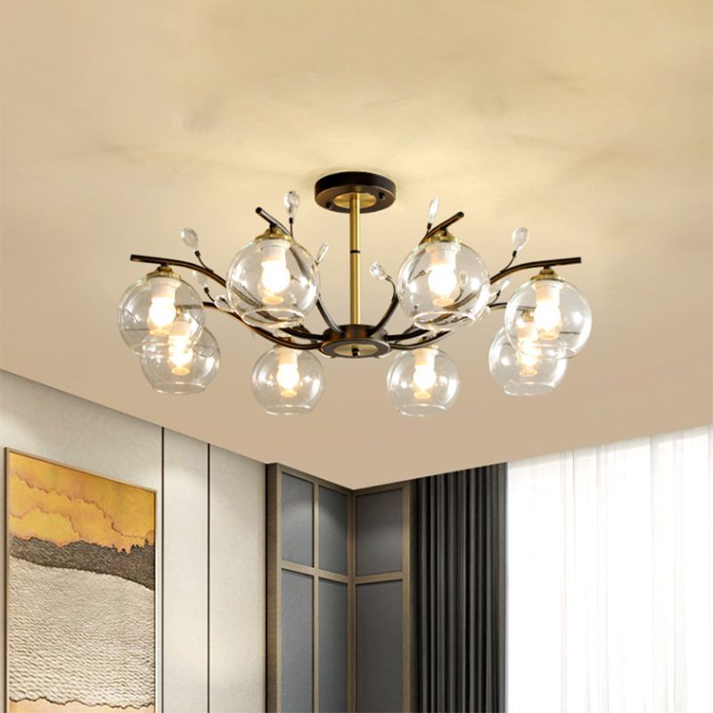 Sahne/klares Glas Global Semi Flush Mount Moderne 8-Bulb Schwarz und Goldspülendedecke mit Kristallakzent