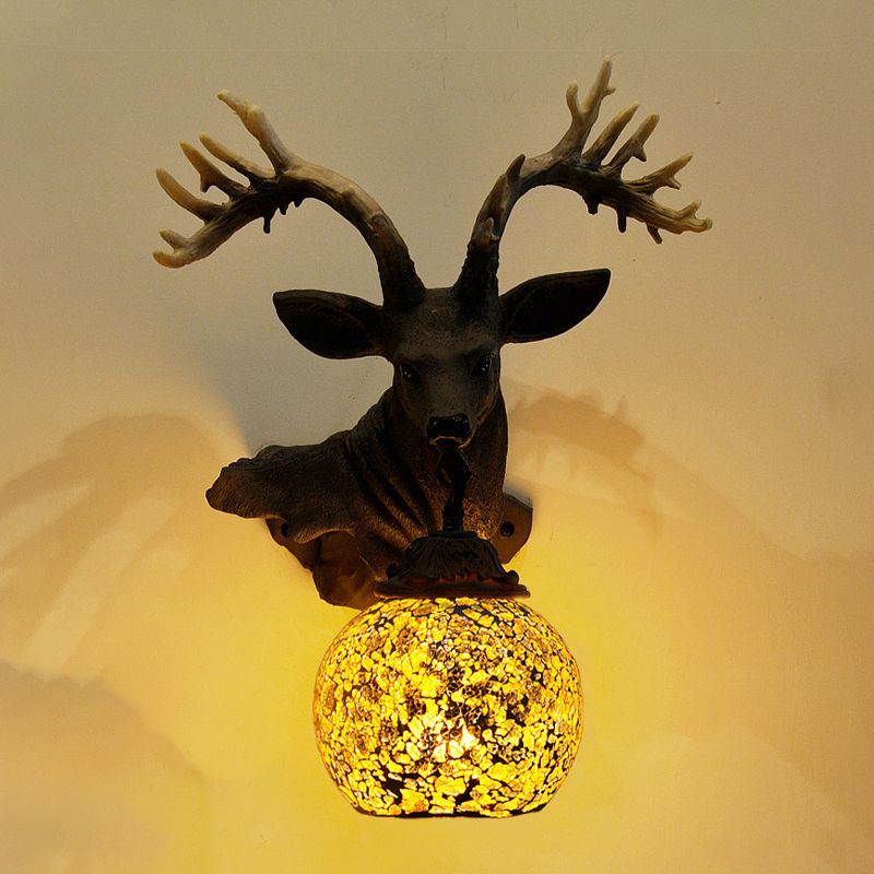 1 Light Wall Lighting Mediterranean Globe Stained Glass Sconce Light in Silver/White/Beige with Deer Head Deco