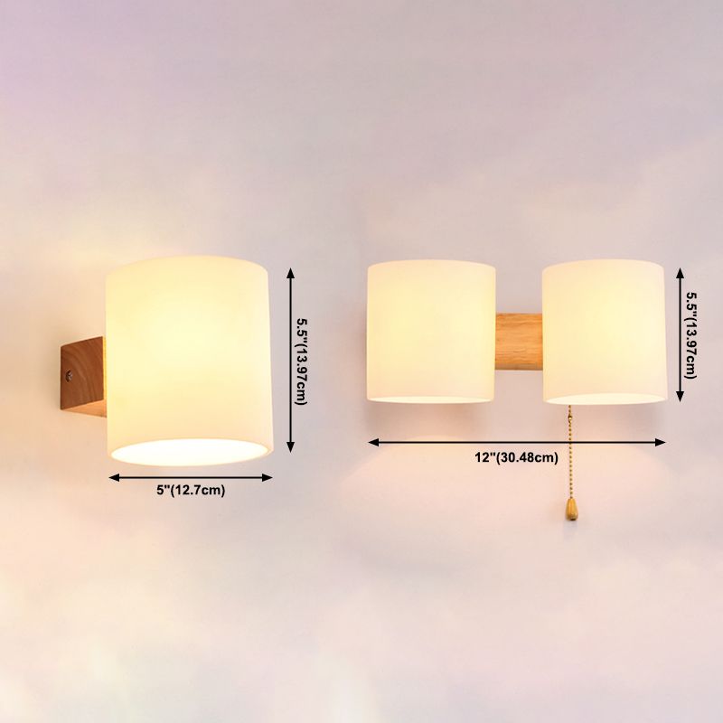 Lámpara de pared de madera de madera de pared cilíndrica moderna de pared con sombra de vidrio blanco
