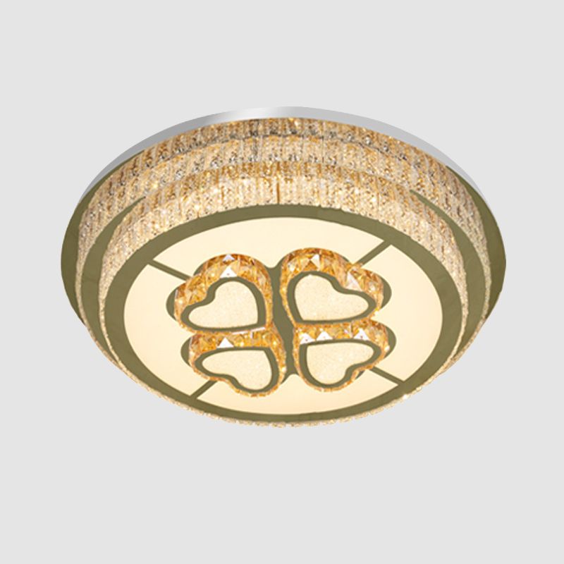 Round Great Room Light Fixture Modern Clear Crystal Blocks LED Nickel Flush Mount Lamp with Heart Design