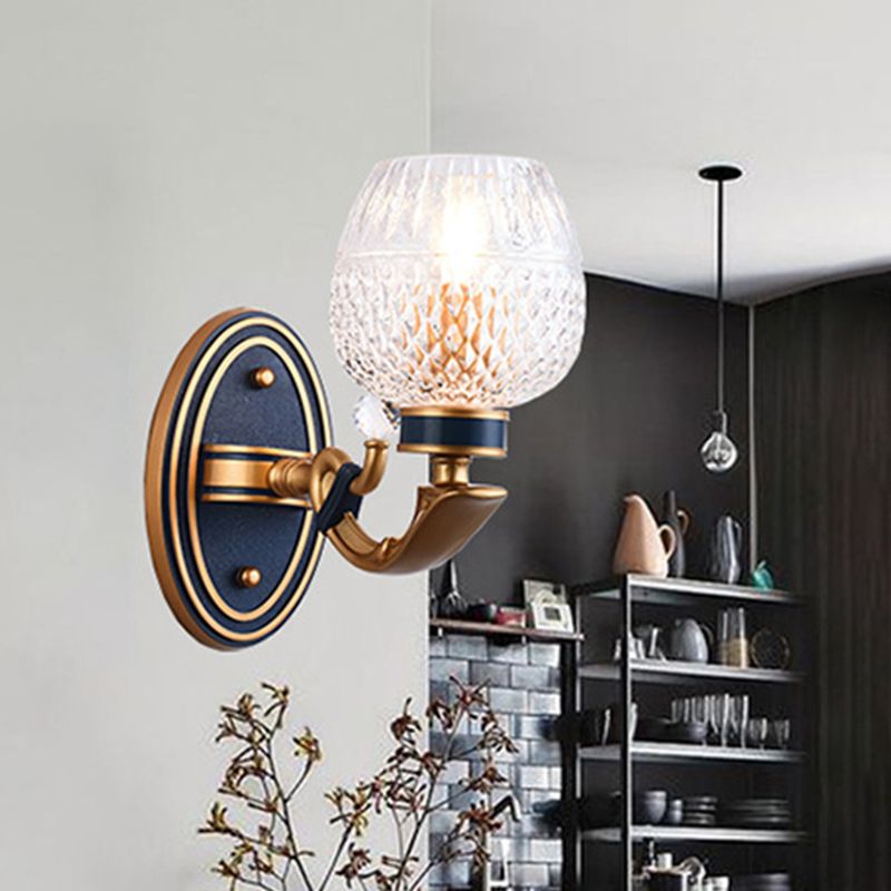 Traditionalist Bowl Wall Sconce Light 1/2 Bulbs Lattice Glass LED Wall Mounted Lamp in Brass for Bedroom