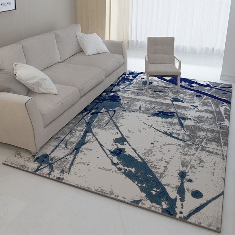 Industrial Abstract Rug Grey and Blue Polyester Rug Machine Washable Anti-Slip Area Rug for Bedroom