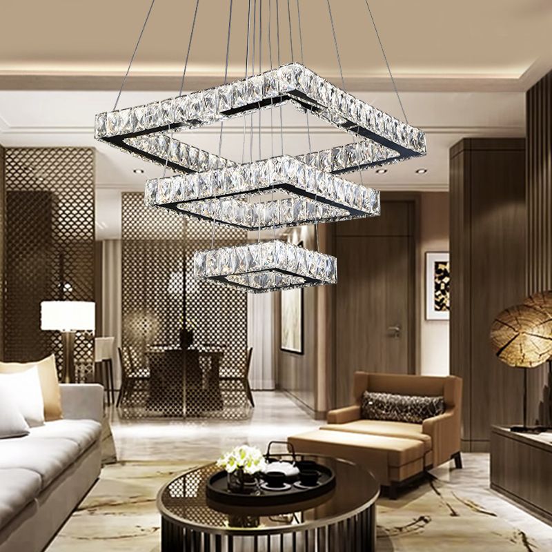 Square Ceiling Chandelier Minimalist Crystal LED Black Pendant Lighting Fixture