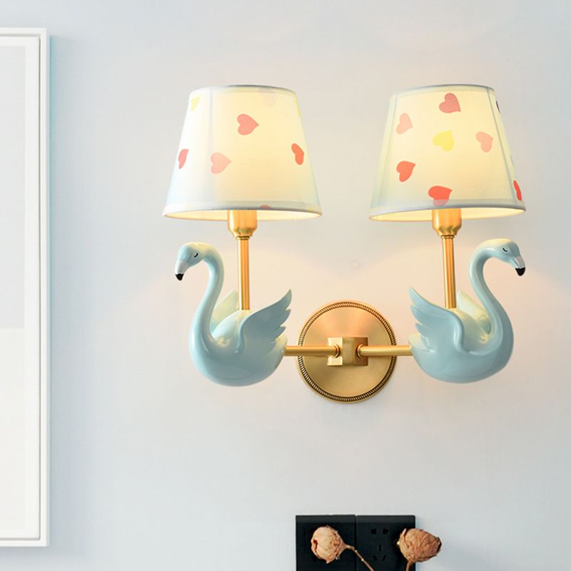 Empire Shade Bedside Wall Lamp Patterned Fabric Kids Wall Light Fixture with Resin Swan