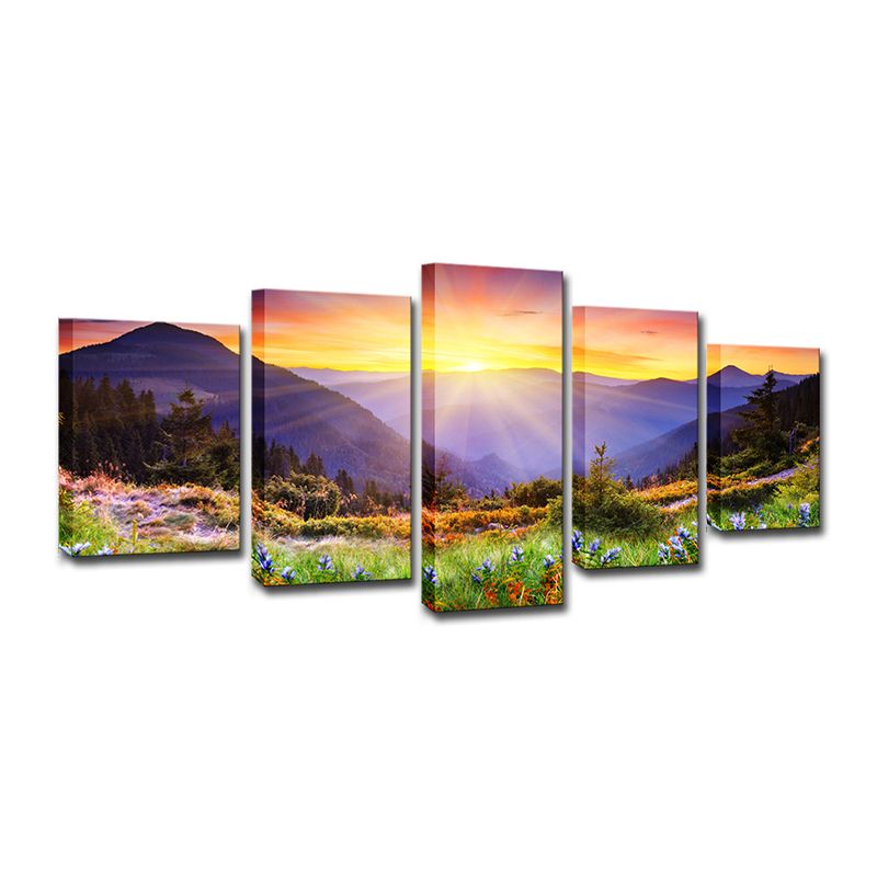 Country Blossom Flower Wall Decor Gold Sunburst Above Mountain Scenery Canvas Art