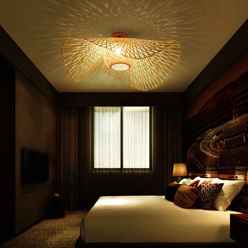 Japanse stijl bamboe inbouw 1-lichts plafondlamp voor woonkamer