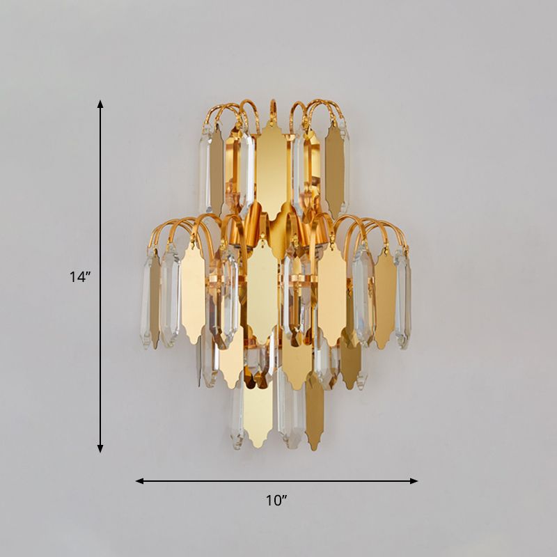 Crystal Block Tiered Wall Lighting Fixture Classic 2-Light Living Room Wall Light Sconce in Gold