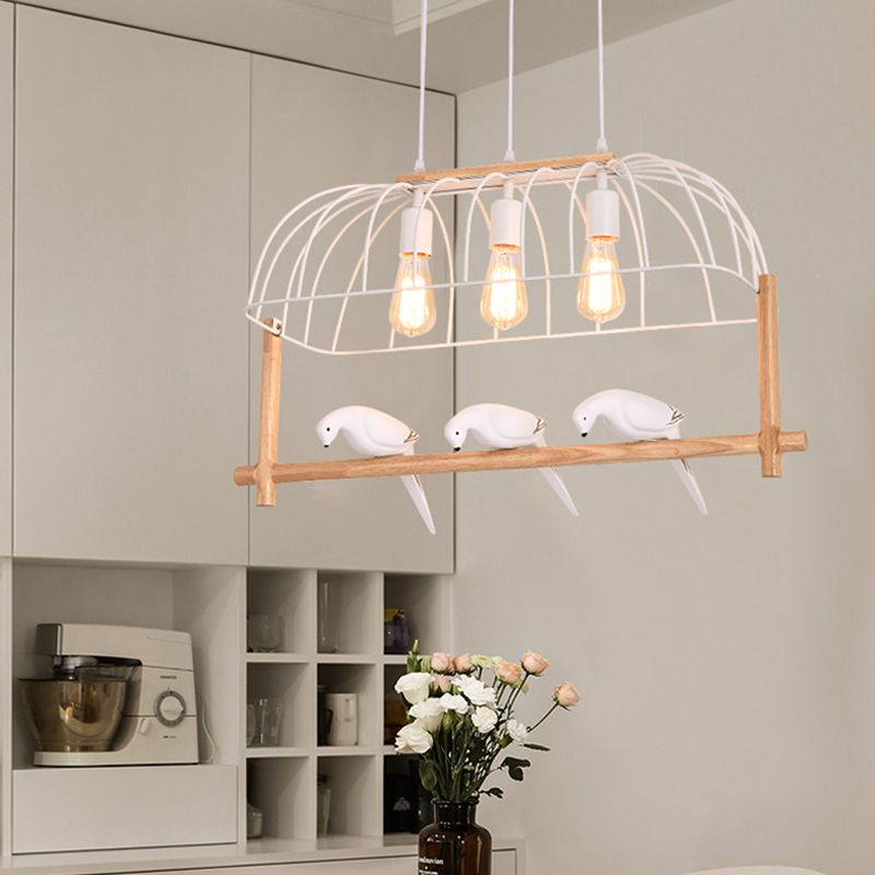 Nordic Style 3-Light Island Pendant Iron White Elongated Cage Hanging Light with Bird and Wood Bird Stand