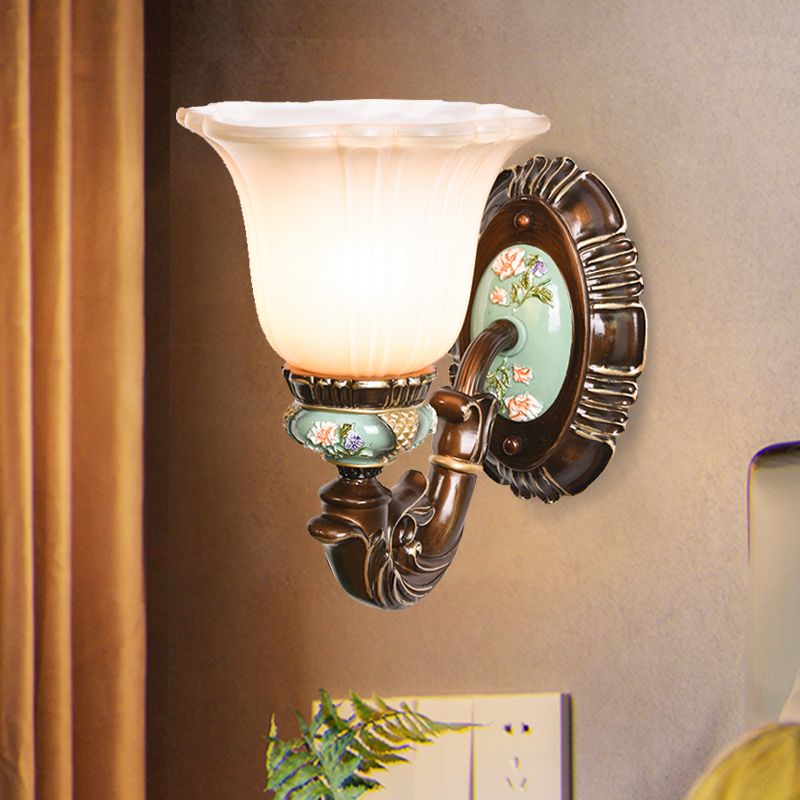 Frosted Glass Brown Wall Light Ridged Bell 1/2-Bulb Rural Wall Sconce Lighting for Guest Room