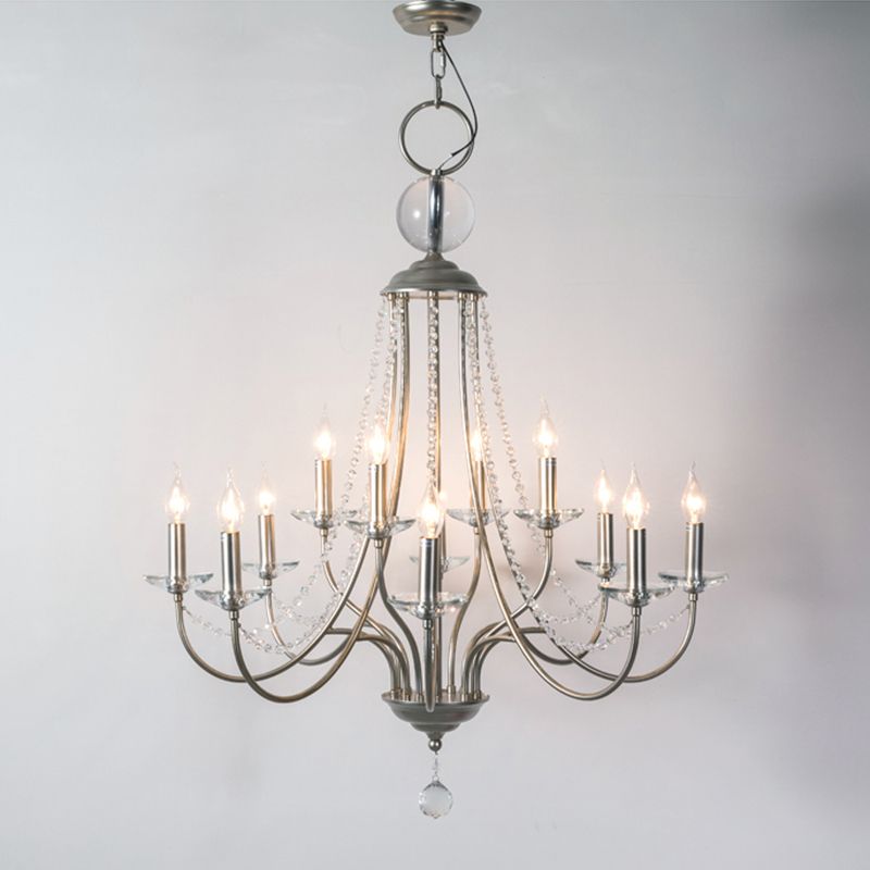Country Style Candlestick Chandelier Metallic Hanging Light Kit with Crystal Strand