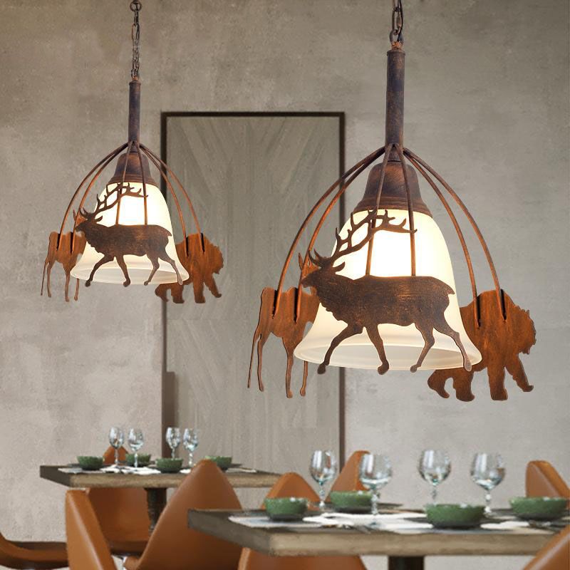 Rust 1 Light Pendant Light Countryside Frosted Glass Bell Hanging Lamp for Restaurant with Deer