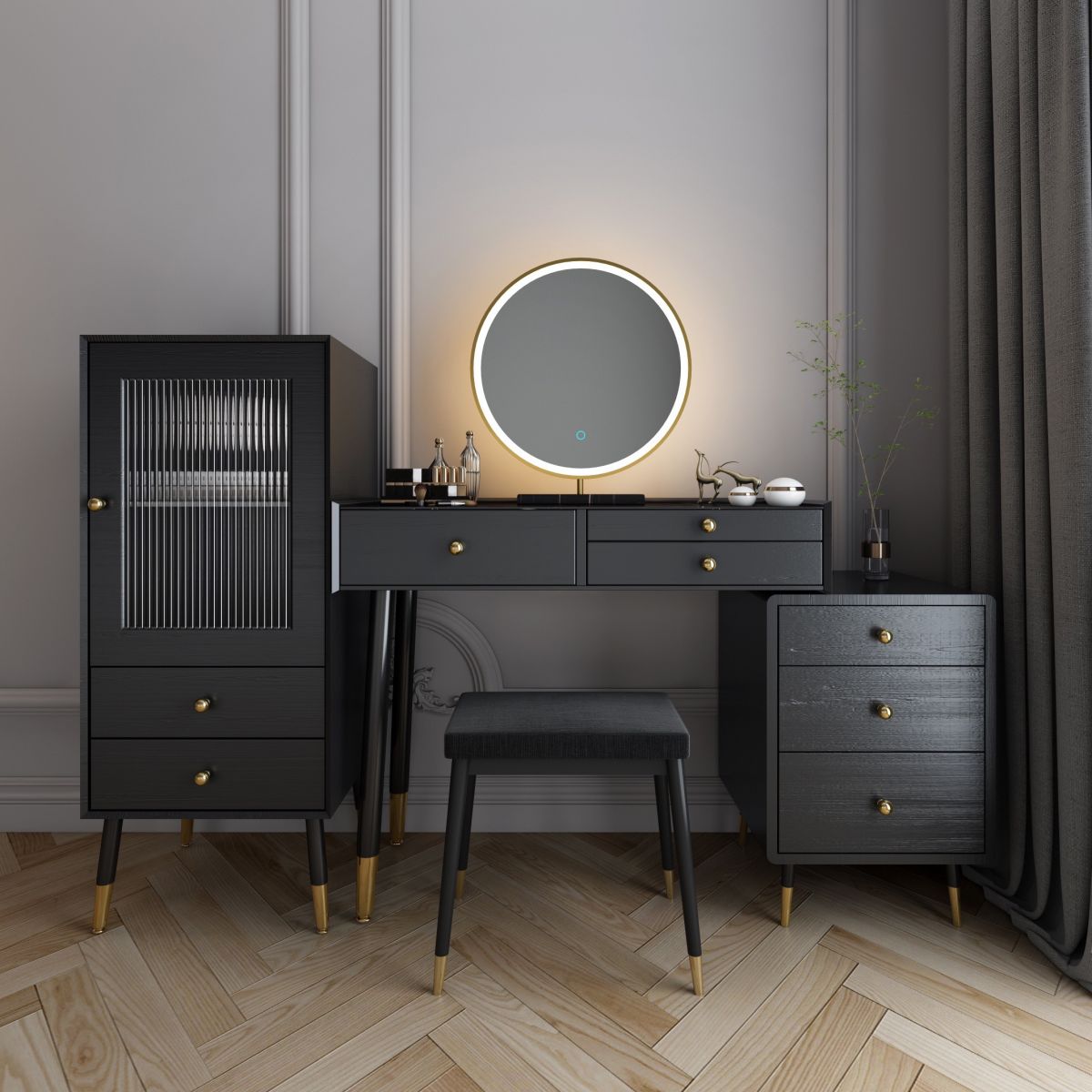 Modern Solid Wood Vanity Dressing Table with Mirror and Stool for Bedroom