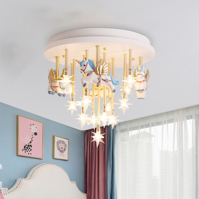 Resin Horse/Bird/Crane Ceiling Light Fixture Kids 13/16 Lights Blue/Pink Flush Mount Lighting with Clear Glass Shade