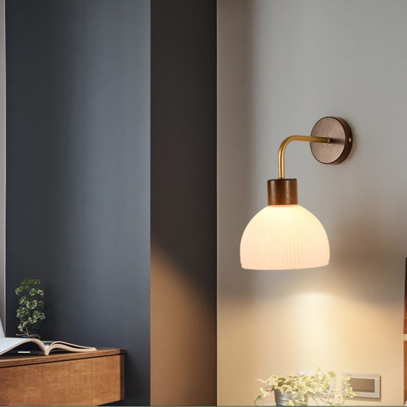 1-Light Wall Lamp Modern Wooden Wall Mount Lamp with Glass Shade for Living Room