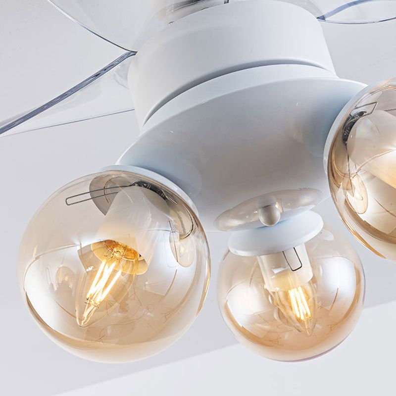 Amber Glass Ball Fan Light Fixture Children Style 3 Bulbs White Semi Flush Ceiling Light