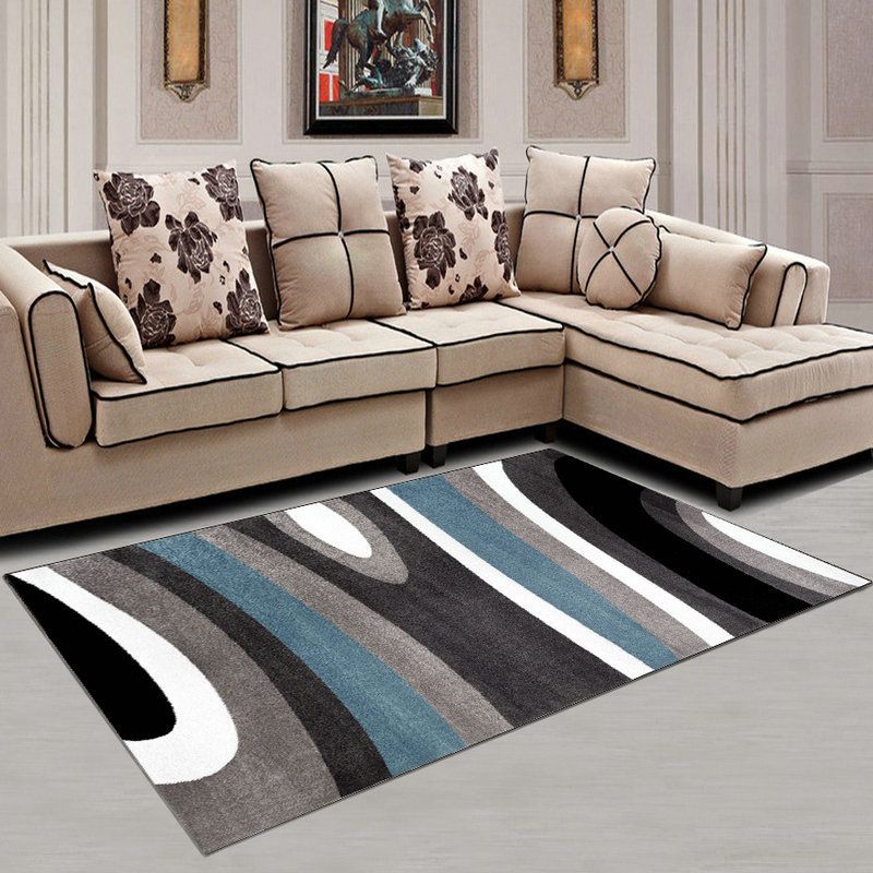White Abstract Pattern Rug Polyester Modern Rug Washable Rug for Living Room