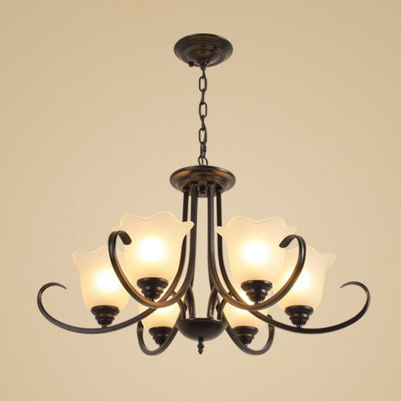 Classic Floral Chandelier Lighting Iron Pendant Light with Ruffled Cream Glass Shade